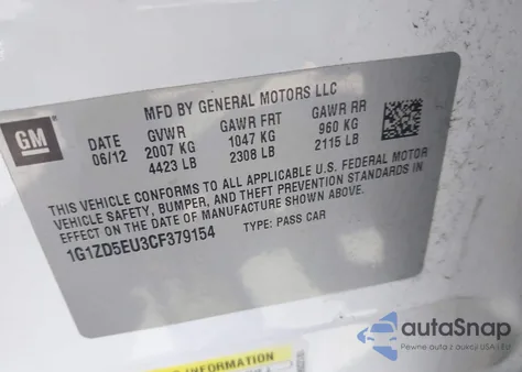 2012 Chevrolet Malibu 2Lt from USA, damaged, VIN 1G1ZD5EU3CF379154